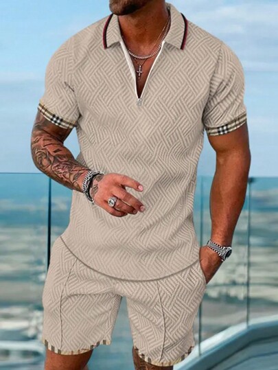1 Set Men's Sports Casual Suit, Jacquard & Printed Polo Shirt With V-Neck, And Shorts, Summer