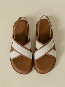 女士厚底单带搭扣凉鞋，撞色纽扣装饰，波西米亚风格，复古编织露趾，舒适厚底，适合海滩，2026春夏/秋季，棕色运动休闲交叉罗马凉鞋，加大码41-43 - 棕色 - 查看 6