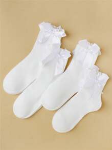 1/4 pares/set Calcetines con volantes de tripulación de color blanco liso, cómodos, con diseño de encaje y ribete para mujeres