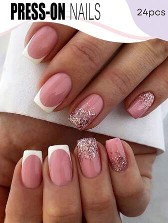 24Pcs Medium Square Shape Press On Nails In White French Tip And Glitter Nails Sparkling Design Fake Nails Simple And Beauty Style False Nails Nail Supplies Nails