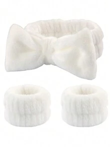 SHEIN X Milania 3Pcs/Set Spa Facial Headbands, 1pc Solid Color Bath Headband & 2pcs Bath Wrist Band, Creative Polyester Facial Makeup Headband & Wrist Wash Band Set For Bathroom