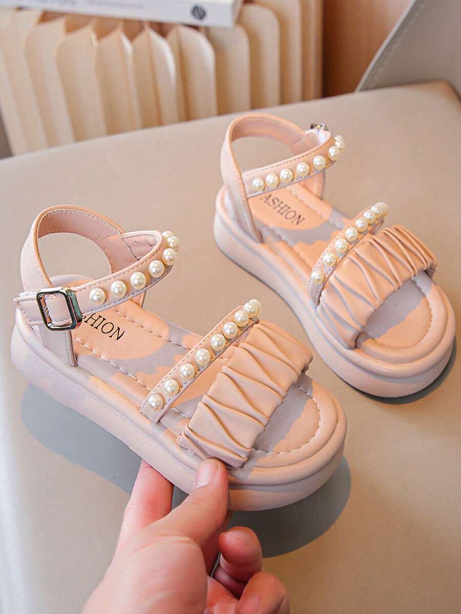 1 Pair Girls' Comfortable Princess Party Lace Bow Decor Flat Lace-Up Open Toe Sandals, Suitable For Summer - Pink - View 1