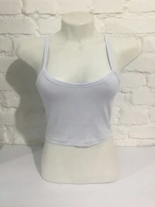 Cropped Tank Top With Straps Basic Plain Slim Blouse - White - View 3