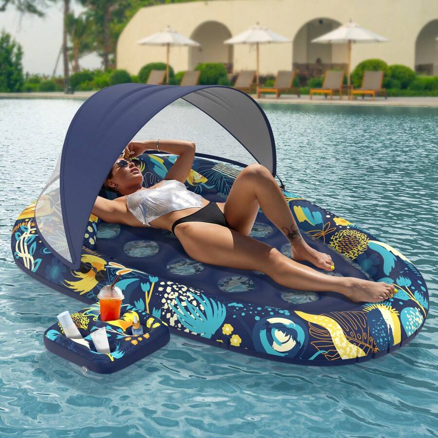 Sunikko X 3-In-1 Pool Floats Lounge, Inflatable Pool Floats For Adults With Canopy And Cup Holder - Blue - View 1