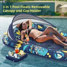Sunikko X 3-In-1 Pool Floats Lounge, Inflatable Pool Floats For Adults With Canopy And Cup Holder - Blue - View 2