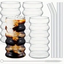 1pc/4pcs/8pcs 咖啡玻璃吸管杯、果汁杯、奶茶杯、冷饮杯、浓缩咖啡杯、条纹玻璃吸管、波浪杯、波浪形玻璃杯、冰咖啡杯、啤酒杯，非常适合鸡尾酒，适用于鸡尾酒、威士忌、饮料、牛奶，适用于家庭晚餐、酒吧和聚会、礼物