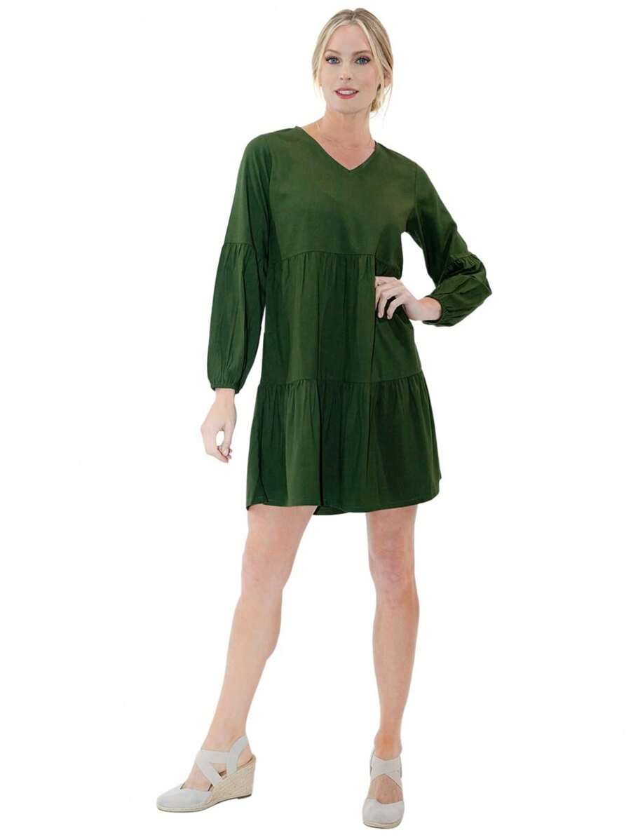 Miss Lavish London Long Sleeve V-Neck Summer Dresses For Women 2024 Casual Elegant Sundress With Pockets, Stylish Tennis Dress, Perfect For Work Or Events, Boho Dress, Fall Wedding Dresses, BLUE-2XL - Sacramento Green - View 1