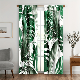 2pcs Palm Leaf Printed Curtains, Rod Pocket Window Treatment For Bedroom, Office, Kitchen, Living Room, Study, Home Decor, Room Decoration Aesthetic Curtain