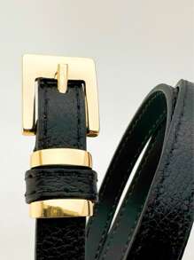 Women's Genuine Leather Belt With Gold Square Buckle - Black - View 2