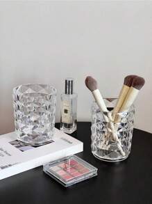 1pc/2pcs Transparent Makeup Brush Holder Storage Box, Elegant Diamond Pattern Water Cup Bathroom Toothbrush & Toothpaste Organizer,For Holiday Beach, Bathroom Collection, Bedroom Collection, Large Capacity