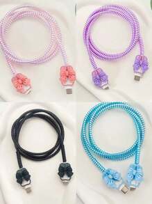 3 piezas de fundas protectoras de TPU para cables, cargador de 20W, anti-deshilachado, con decoración en forma de corazón y lazo, compatible con iPhone 16/15/14/13/12/11, accesorios para teléfono - color - Ver 1