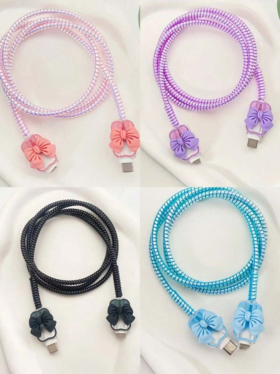 3 piezas de fundas protectoras de TPU para cables, cargador de 20W, anti-deshilachado, con decoración en forma de corazón y lazo, compatible con iPhone 16/15/14/13/12/11, accesorios para teléfono - color - Ver 1