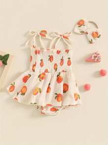 Newborn Baby Girl Sleeveless Rompers Dress Summer Smocked Clothes Cotton Bodysuit With Headband 0-18 Months - 米色 - 查看 2