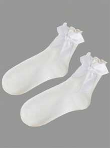 1/4 pares/set Calcetines con volantes de tripulación de color blanco liso, cómodos, con diseño de encaje y ribete para mujeres
