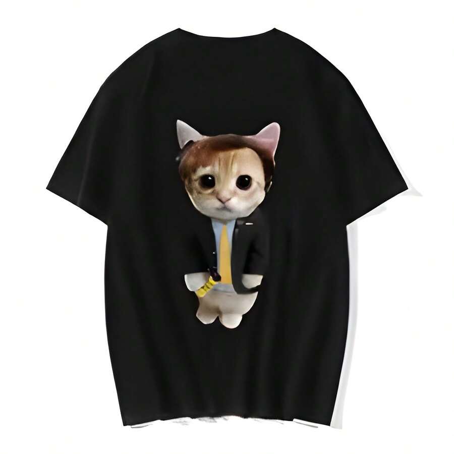 Funny El Gato Meme Sad Crying Cat Munchkin Kitty Print T Shirt Women Men Cotton T-Shirt Summer Y2K Couple Hip Hop Top T-Shirt (2) - màu đen - Xem 1