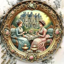 8x8 Inch Round Vintage Victorian Garden Tea Party Metal Sign, Elegant Lady & Garden Scene Wall Decor, Suitable For Tea Room, Study, Dining Room And Cafe, Random Hole Style - Multicolor - View 1