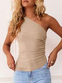 Women's Summer Y2K Top Sleeveless Shoulder Pure Temperament Slim Shirt Pleated Knit Asymmetrical Going Out Top Shirt - 杏色 - 查看 2