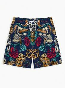 Pantalones cortos con cordón de hombre con patrón de calavera de esqueleto y serpiente, bolsillos novedosos y elegantes para uso casual de verano