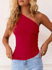 Women's Summer Y2K Top Sleeveless Shoulder Pure Temperament Slim Shirt Pleated Knit Asymmetrical Going Out Top Shirt - 紅色 - 查看 2
