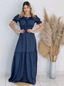 Long Chambray Dress Imitation Jeans Short Sleeve Off Shoulder - Dark Wash - View 1