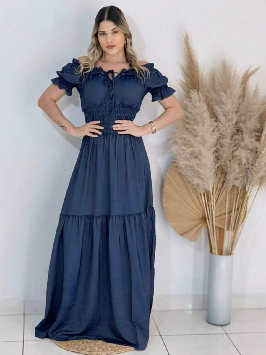 Long Chambray Dress Imitation Jeans Short Sleeve Off Shoulder - Dark Wash - View 1