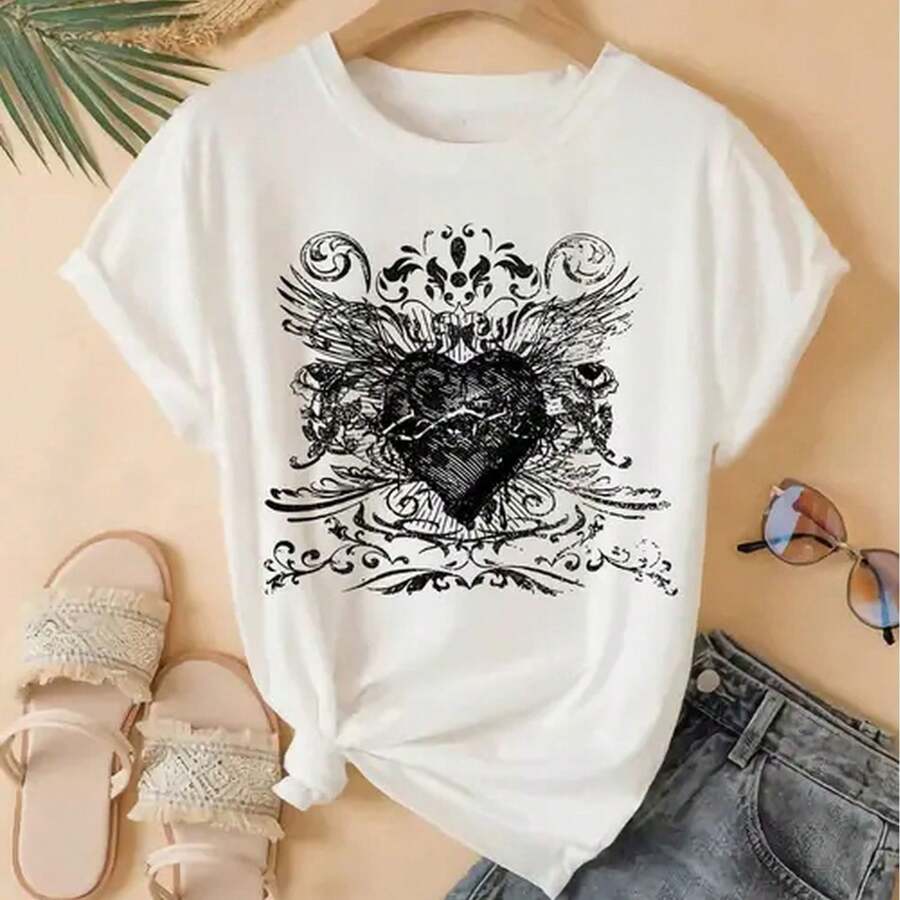 Stretchy Feel Womens Casual Heart Print Short Sleeve T Shirt Round Neck Stretchy Polyester Blend White With Black Spring Summer Fashion Top For Casual Attire Ladies T Shirts - White - View 1