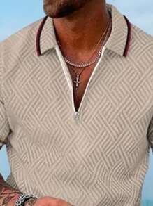 1 套男士运动休闲套装，V 领提花印花 Polo 衫和短裤，夏季 - 卡其色 - 查看 2