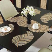 5pcs Gold Rectangular Placemats & Table Runners Set, Laser Cut Hollow Decor For Party & Holiday, Washable - Leaf Placemat Table Runner Set Of 5 - View 7