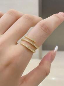 1 Pc Sterling Silver Simple Vintage Fashion Luxury Stylish Three Layer 5A Zirconia Plated 14k Gold Claw Ring For Women Girls Party Daily Life Jewelry Gifts Valentine's Day Gifts - Three-row Diamond Ring - View 2