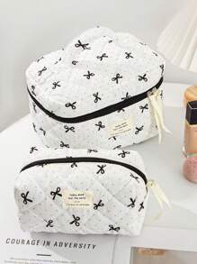 1 件波尔卡圆点和蝴蝶结图案化妆品收纳袋多功能绗缝化妆品收纳包带手柄款式黑色大容量手提化妆包可爱蝴蝶结设计化妆包护肤包洗漱包旅行洗漱包小蝴蝶结铅笔盒零钱包化妆包套装婚礼礼物、伴娘礼物、妈妈礼物、生日礼物、送给朋友和老师的礼物、家居装饰、浴室客厅包学校用品学校用品