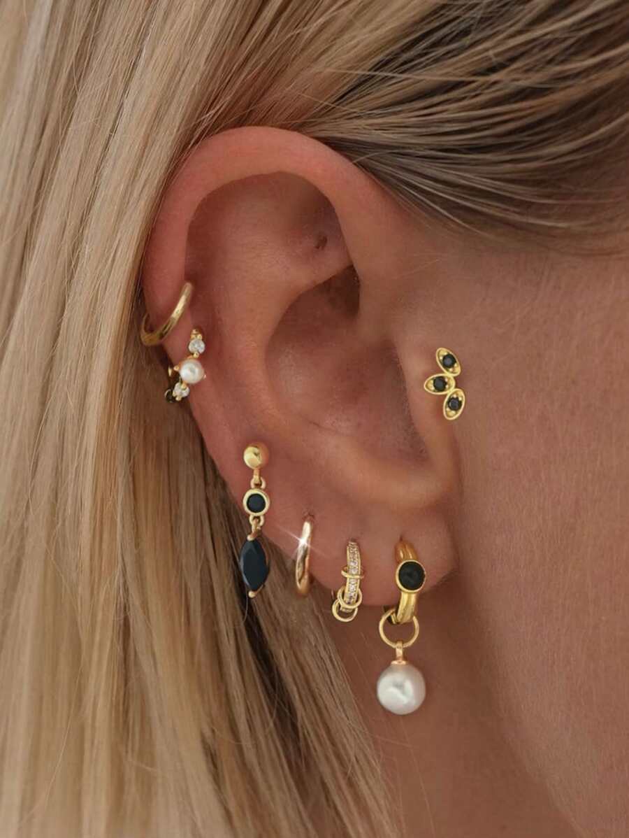 1 Set de pendientes simples de circonita, accesorio elegante adecuado para cita, fiesta y uso diario de mujeres - Amarillo Oro - Ver 1