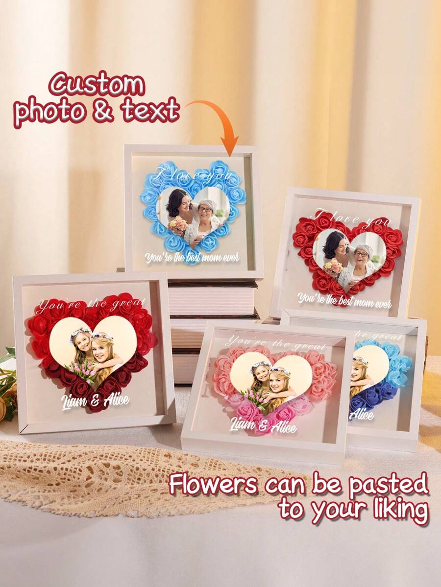 1pc Customized Photo Heart-Shaped Rose Dried Flower Shadow Box, Personalized Customize Flower Shadow Box With Photo And Name, Diy Detachable Rose Dried Flower Shadow Box Frame, Wedding Couple Romantic Gift, Heart-Shaped Rose Frame Decoration - Multicolor - View 1