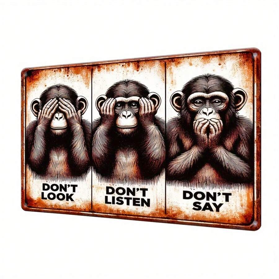 1 pieza Letrero de metal vintage, "No ver el mal, no oír el mal, no hablar el mal" 3 monos sabios, cartel de metal divertido, impresión plana 2D, decoración de metal de uso múltiple, con agujeros perforados previamente para colgar fácilmente, adecuado para habitación, hogar, cocina, oficina, jardín, exterior, dormitorio, sala de estar, cafetería, restaurante, garaje, decoración de bar - Multicolor - Ver 1