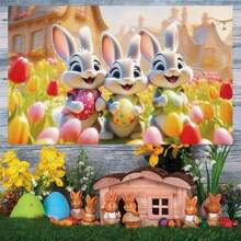 1st Paashaas Achtergrond Met Tulpen Horizontale Banner, Fotografie Vakantie Feestdecoratie, Multi-Size, Polyester