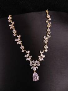 1 套 3 件时尚简约锆石项链和耳环套装，新娘礼服婚礼晚会配饰，带花卉和泪珠设计，适合女士 - 白色 - 查看 5