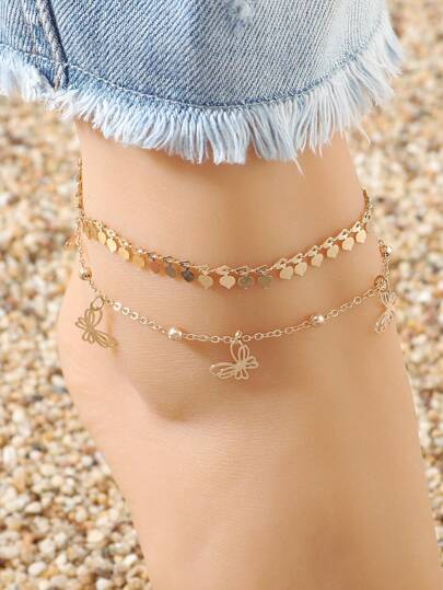 2 مجموعة أساور كاحل ذات شكل قلب جوفي وتصميم فراشة أنيق، مناسبة للنساء، استخدام عادي أو جذاب لشاطئ الصيف أو العطلات