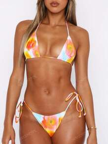 Bikini de 2 piezas 2025 nuevo, de mujer, sexy, acolchado, ajustable con nudo, estampado de playa