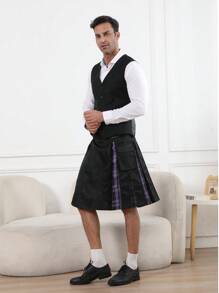 Traditional Kilt Form Men , Plaid Pattern Print Tartan Pleated Skirt For Men, Spring & Summer Popular Clothing-Purple - Purple - View 2