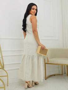 Vestido Longo Sem Manga Justino em Linho Misto Elagente Moda Modesta Mocha Mousse REF: Iris