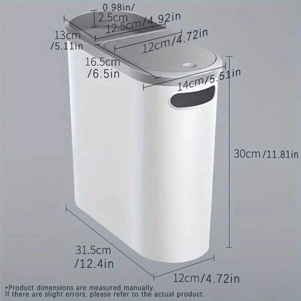 Slim Plastic Trash Can With Lid, Easy To Press, Space-Saving, Suitable For Bathroom, Kitchen, Living Room, Simple, Solid Color