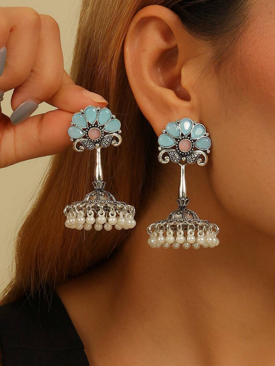 1 对优雅耳环波西米亚风格花卉耳环配人造珍珠和流苏，适合女性日常佩戴、节日、婚礼和派对/珠宝礼物