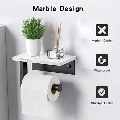 1pc 304 Stainless Steel Marble Toilet Paper Holder, Bathroom Wall Mounted Tissue Roll Rack With Shelf