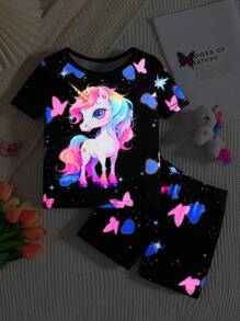 Girls Sleepwear Set: Unicorn Print Glow-In-The-Dark Pullover Top And Comfortable Shorts, Summer - Black - View 3