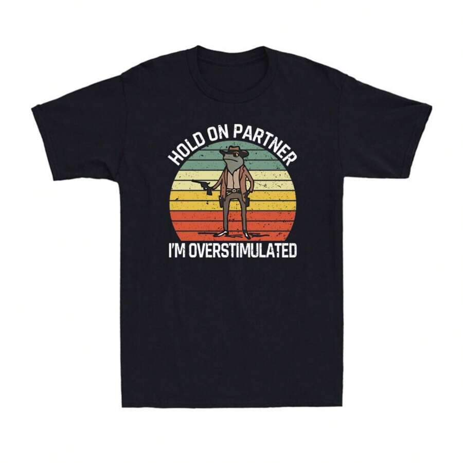 Hold On Partner I'm Overstimulated Western Cowboy Frog Vintage 's T-Shirt - 黑色 - 查看 1