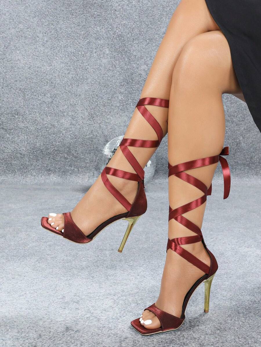 女士时尚高跟鞋，优质缎面材料系带凉鞋，露背凉鞋，经典方头凉鞋，精致丝带包裹踝带凉鞋，镀金高跟凉鞋，户外夏季常规细高跟凉鞋，优雅酒红色女士凉鞋 - 酒紅色 - 查看 1