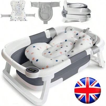 Portable Foldable Baby Bath Tub With Temperature Indicator And Cushion Bath Pad Grey