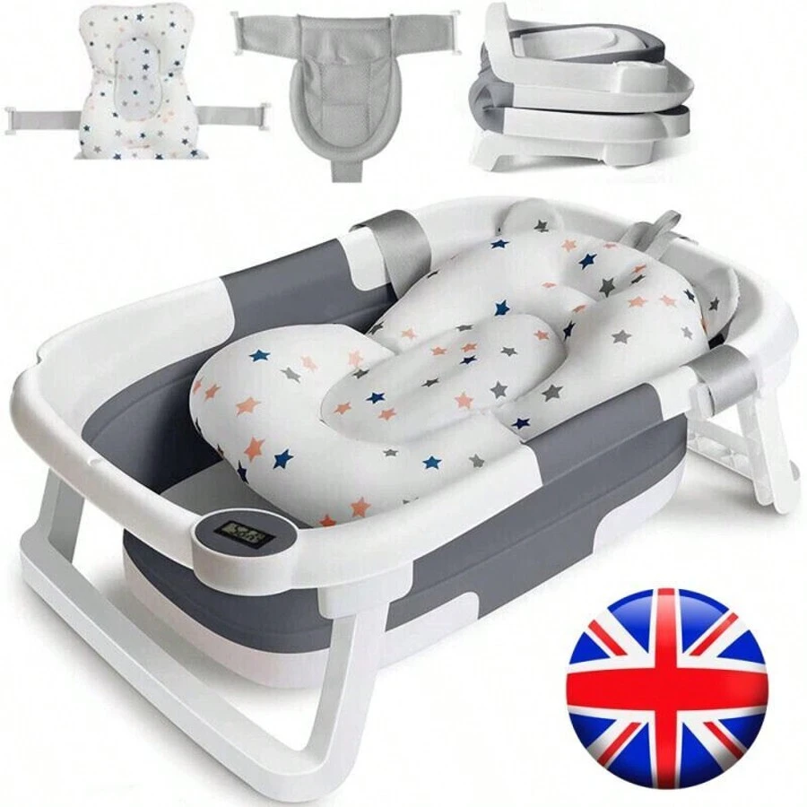 Portable Foldable Baby Bath Tub With Temperature Indicator And Cushion Bath Pad Grey - Grey - View 1