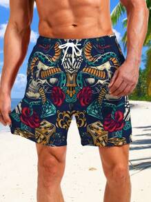 Pantalones cortos con cordón de hombre con patrón de calavera de esqueleto y serpiente, bolsillos novedosos y elegantes para uso casual de verano