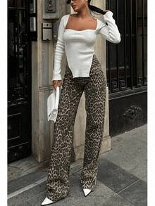 SQUALO Women's Casual Denim Pants With Front Buttons And Pockets, Simple Leopard Print Retro Wash