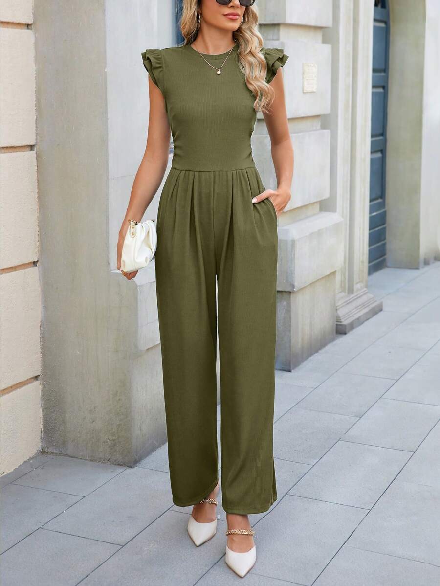 Women's Summer Romper Stylish Elegant Casual Ruffled Sleeved Romper Round Neck Ribbed Knit Romper - 軍綠色 - 查看 1